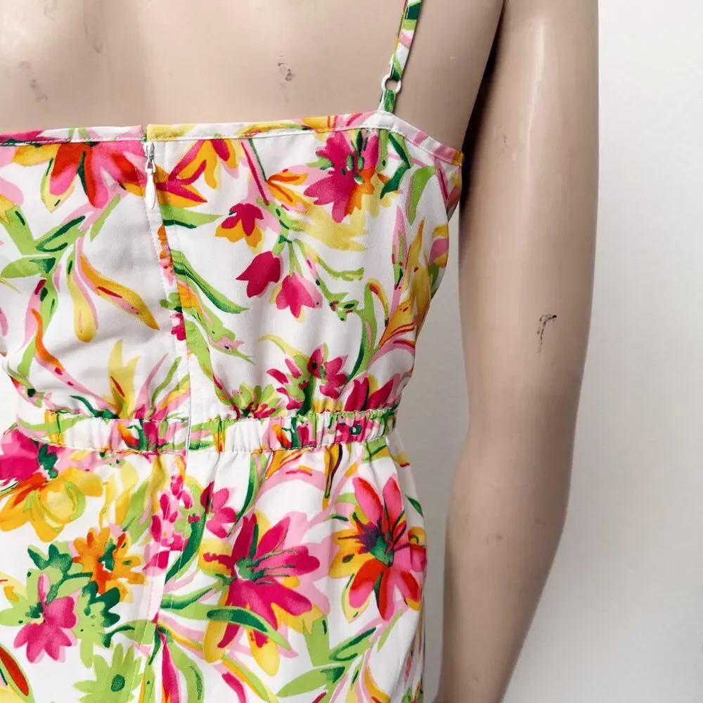 [J. Crew] Tropical Floral Print White Pink Seaside Cami Mini Dress Pockets Sz 8
